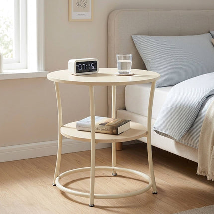 Round Side Table with 2 Shelves and Adjustable Feet, Cream, Light Wood-Effect