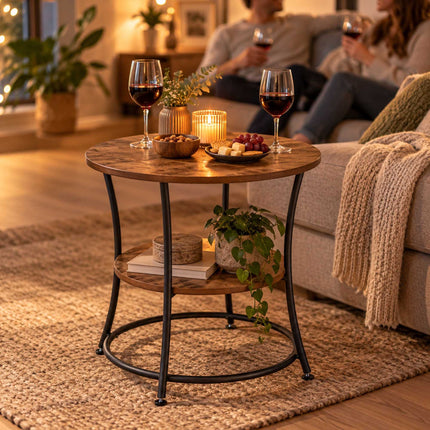 Round Side Table with 2 Shelves and Adjustable Feet, Cream, Light Wood-Effect