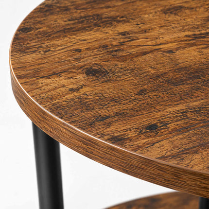Round Side Table with 2 Shelves and Adjustable Feet, Grey, Rustic Wood-Effect