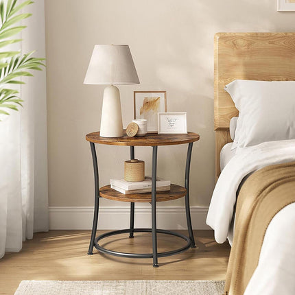 Round Side Table with 2 Shelves and Adjustable Feet, Grey, Rustic Wood-Effect