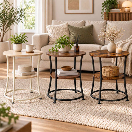 Round Side Table with 2 Shelves and Adjustable Feet, Grey, Rustic Wood-Effect