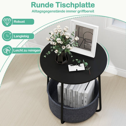 Runder Beistelltisch mit Aufbewahrungskorb, schwarzes Metallgestell