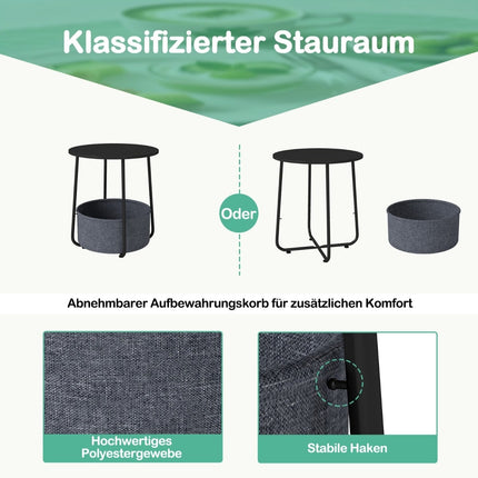 Runder Beistelltisch mit Aufbewahrungskorb, schwarzes Metallgestell