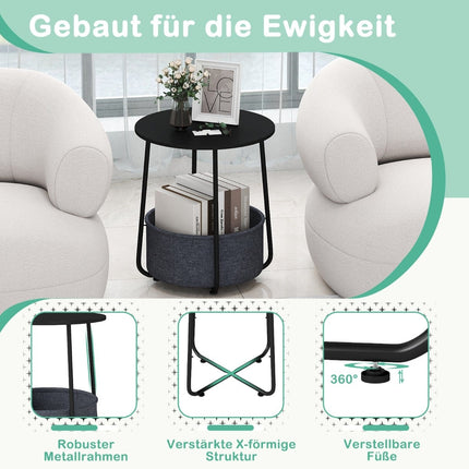 Runder Beistelltisch mit Aufbewahrungskorb, schwarzes Metallgestell