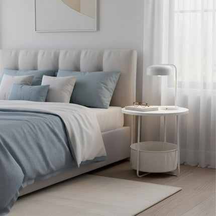 Round Side Table with Storage Basket – Metal Frame
