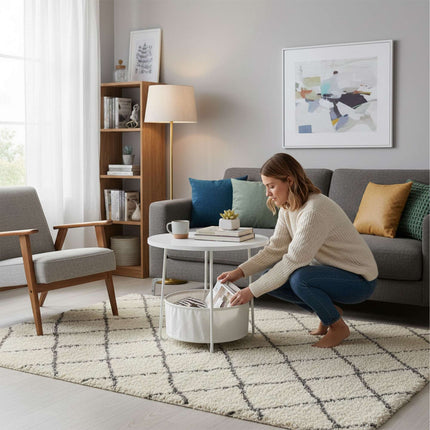 Round Side Table with Storage Basket – Metal Frame
