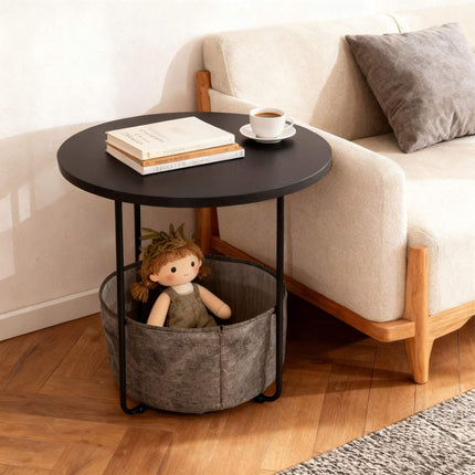 Round Side Table with Storage Basket, Metal Frame