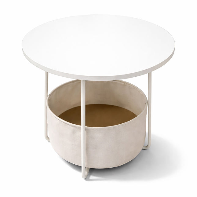 Round Side Table with Storage Basket – Metal Frame