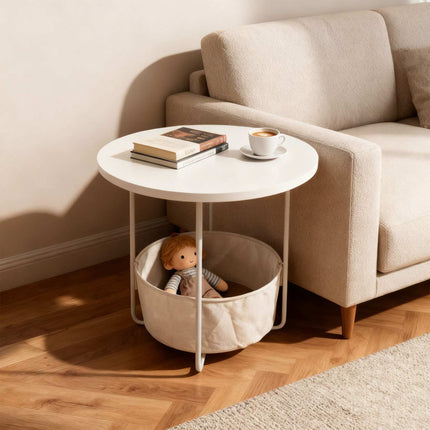 Round Side Table with Storage Basket – Metal Frame