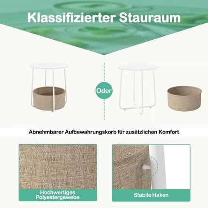 Round Side Table with Storage Basket, White, Metal Frame