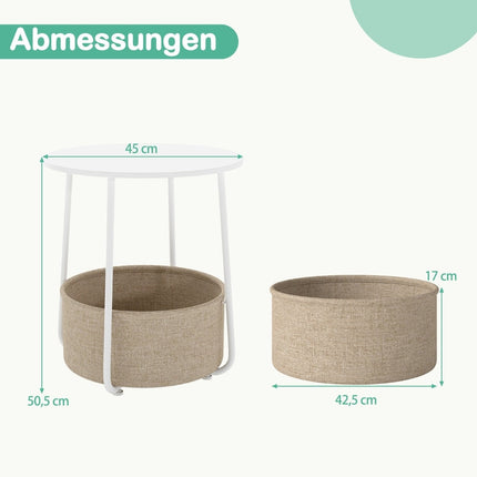 Round Side Table with Storage Basket, White, Metal Frame