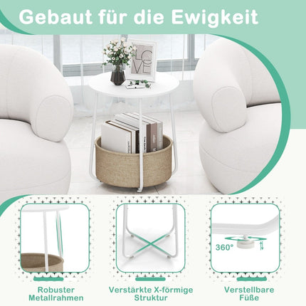 Round Side Table with Storage Basket, White, Metal Frame