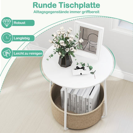 Round Side Table with Storage Basket, White, Metal Frame