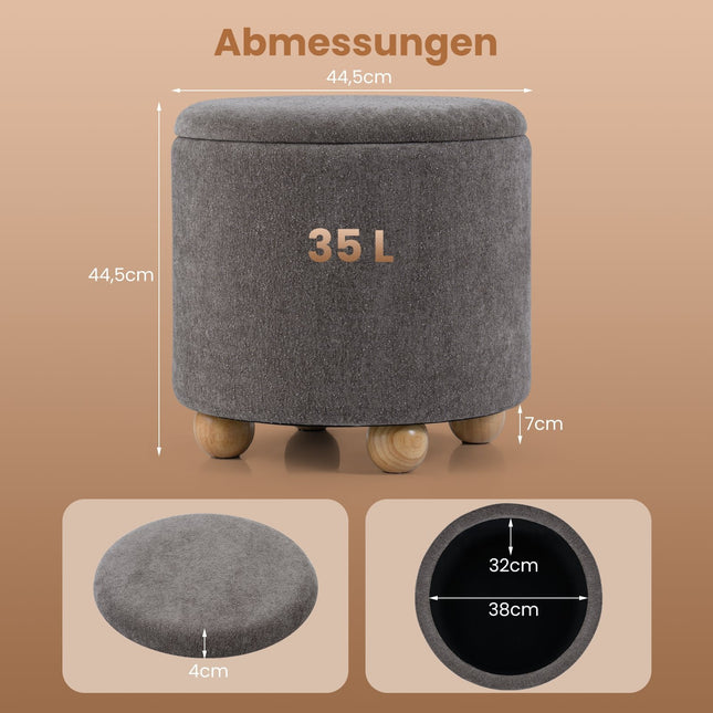 Runde Aufbewahrungshocker mit abnehmbarem Deckel, Grau Chenille