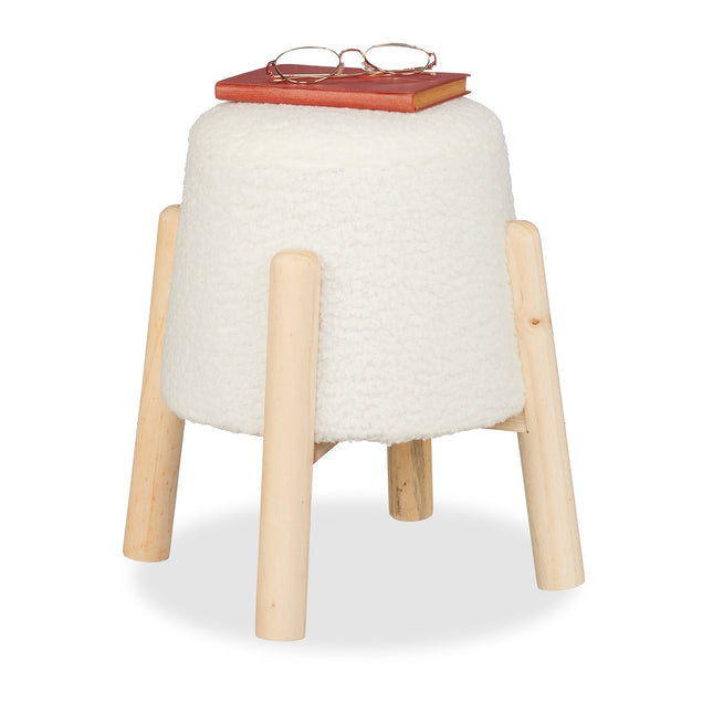 Runder Teddyfell-Hocker – Weiches Kunstfell, Holzbeine