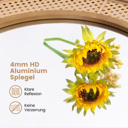 Round Wall Mirror, Rattan & Wood Frame, 65 cm Diameter