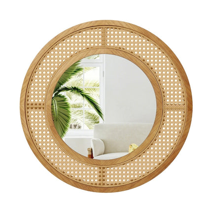 Round Wall Mirror, Rattan & Wood Frame, 65 cm Diameter