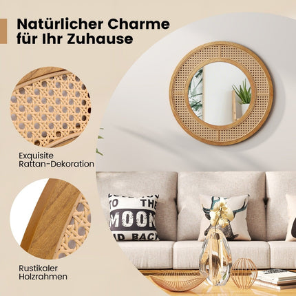 Round Wall Mirror, Rattan & Wood Frame, 65 cm Diameter