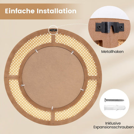 Round Wall Mirror, Rattan & Wood Frame, 65 cm Diameter