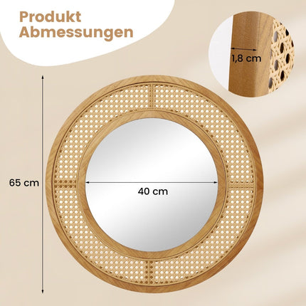 Round Wall Mirror, Rattan & Wood Frame, 65 cm Diameter