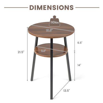 Round Walnut End Table with Metal Frame and Shelves