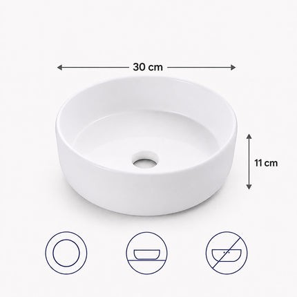 Round White Ceramic Countertop Basin, 30 x 30 cm