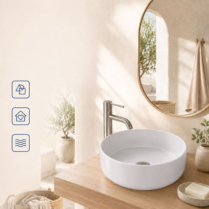 Round White Ceramic Countertop Basin, 40.5 x 40.5 cm
