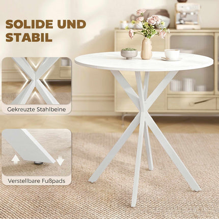 Round White Kitchen Table, 80 cm, Wood-Look Top, Metal Legs