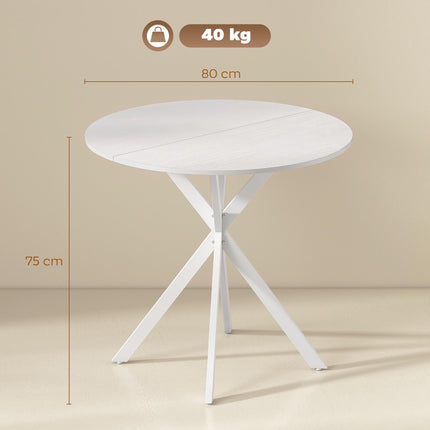 Round White Kitchen Table, 80 cm, Wood-Look Top, Metal Legs