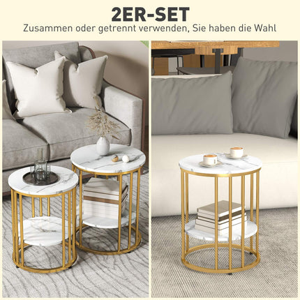 Runder Couchtisch in weißer Marmoroptik mit Ablage, 2er-Set