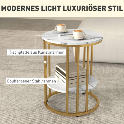 Runder Couchtisch in weißer Marmoroptik mit Ablage, 2er-Set
