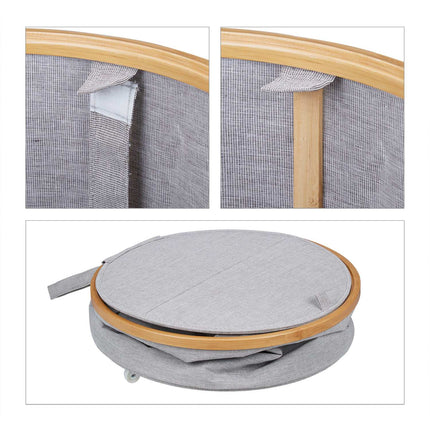 Round laundry basket in fabric and bamboo