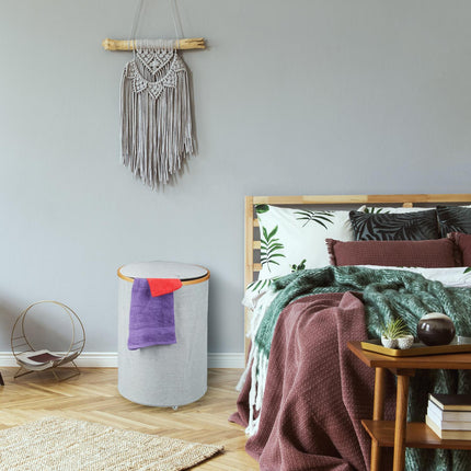 Round laundry basket in fabric and bamboo