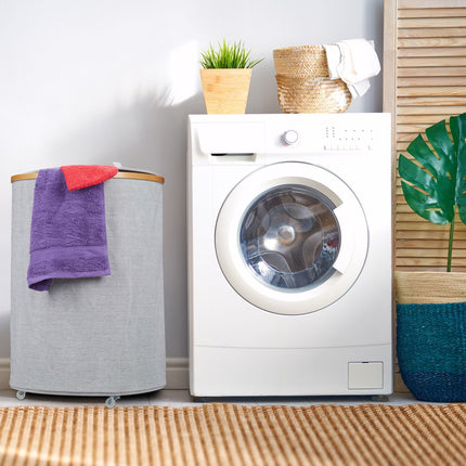 Round laundry basket in fabric and bamboo