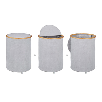 Round laundry basket in fabric and bamboo