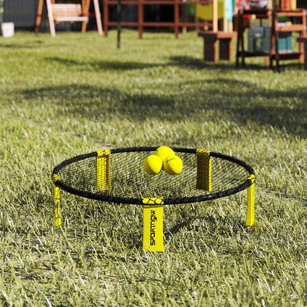 Roundnet Set Spielset mit Spielnetz 3 Bällen Tragetasche Ballpumpe Spikeball Set Ø92 x 20 cm gelb
