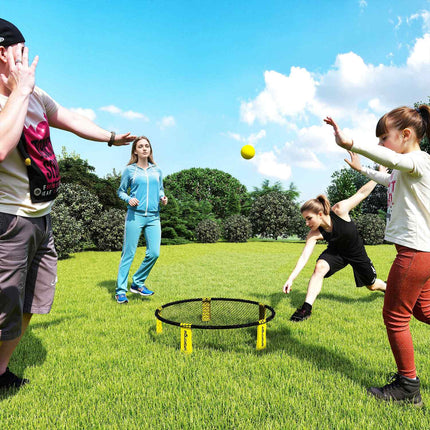 Roundnet Set Spielset mit Spielnetz 3 Bällen Tragetasche Ballpumpe Spikeball Set Ø92 x 20 cm gelb
