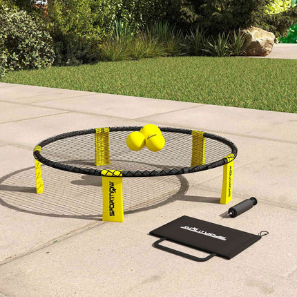 Roundnet Set Spielset mit Spielnetz 3 Bällen Tragetasche Ballpumpe Spikeball Set Ø92 x 20 cm gelb