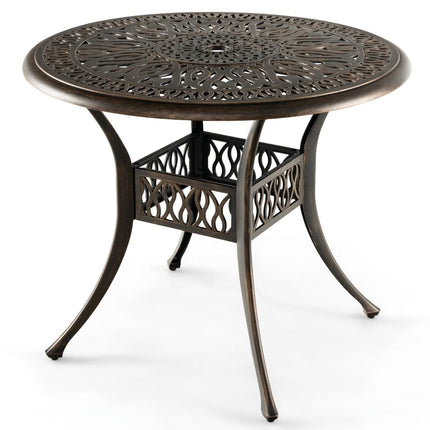 Round patio dining table bistro table made of cast aluminum with umbrella hole Ø90 x 74 cm brown