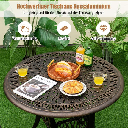 Round patio dining table bistro table made of cast aluminum with umbrella hole Ø90 x 74 cm brown