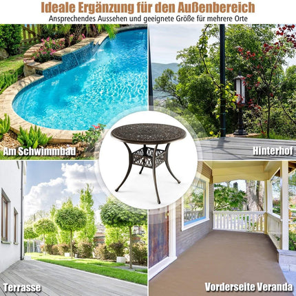 Round patio dining table bistro table made of cast aluminum with umbrella hole Ø90 x 74 cm brown