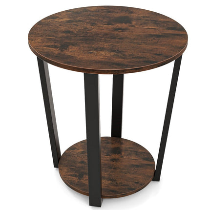 Round side table with open shelf &amp; Metal Frame 2 Tier Accent Table Sofa Table-Rustic Brown