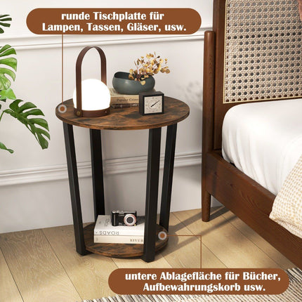 Round side table with open shelf &amp; Metal Frame 2 Tier Accent Table Sofa Table-Rustic Brown