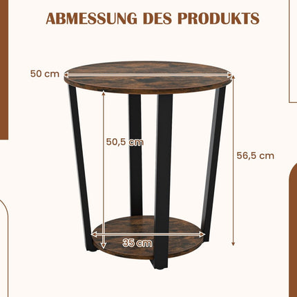 Round side table with open shelf &amp; Metal Frame 2 Tier Accent Table Sofa Table-Rustic Brown