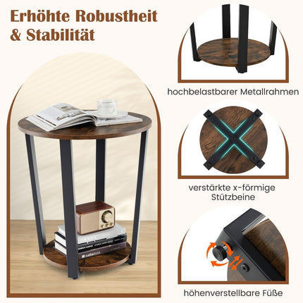 Round side table with open shelf &amp; Metal Frame 2 Tier Accent Table Sofa Table-Rustic Brown