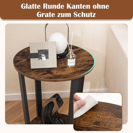Round side table with open shelf &amp; Metal Frame 2 Tier Accent Table Sofa Table-Rustic Brown
