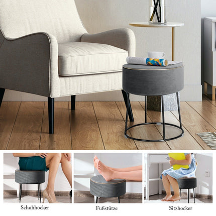 Tabouret rond repose-pieds en velours avec pieds en métal, tabouret de coiffeuse rembourré, peut supporter jusqu'à 150 kg, gris