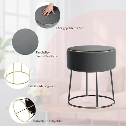 Tabouret rond repose-pieds en velours avec pieds en métal, tabouret de coiffeuse rembourré, peut supporter jusqu'à 150 kg, gris