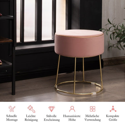 Runder Sitzhocker Fußhocker aus Samt mit Metallbeinen, Gepolsterter Frisierhocker, Belastbar bis 150kg, Rosa