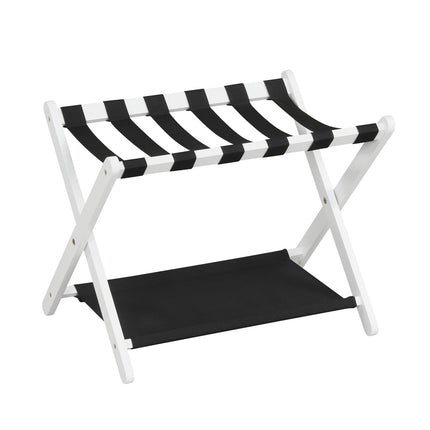 Rubberwood Folding Luggage Rack with Nylon Shelves, Black/White
